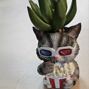 3D Glasses Cat Figurine with Popcorn
